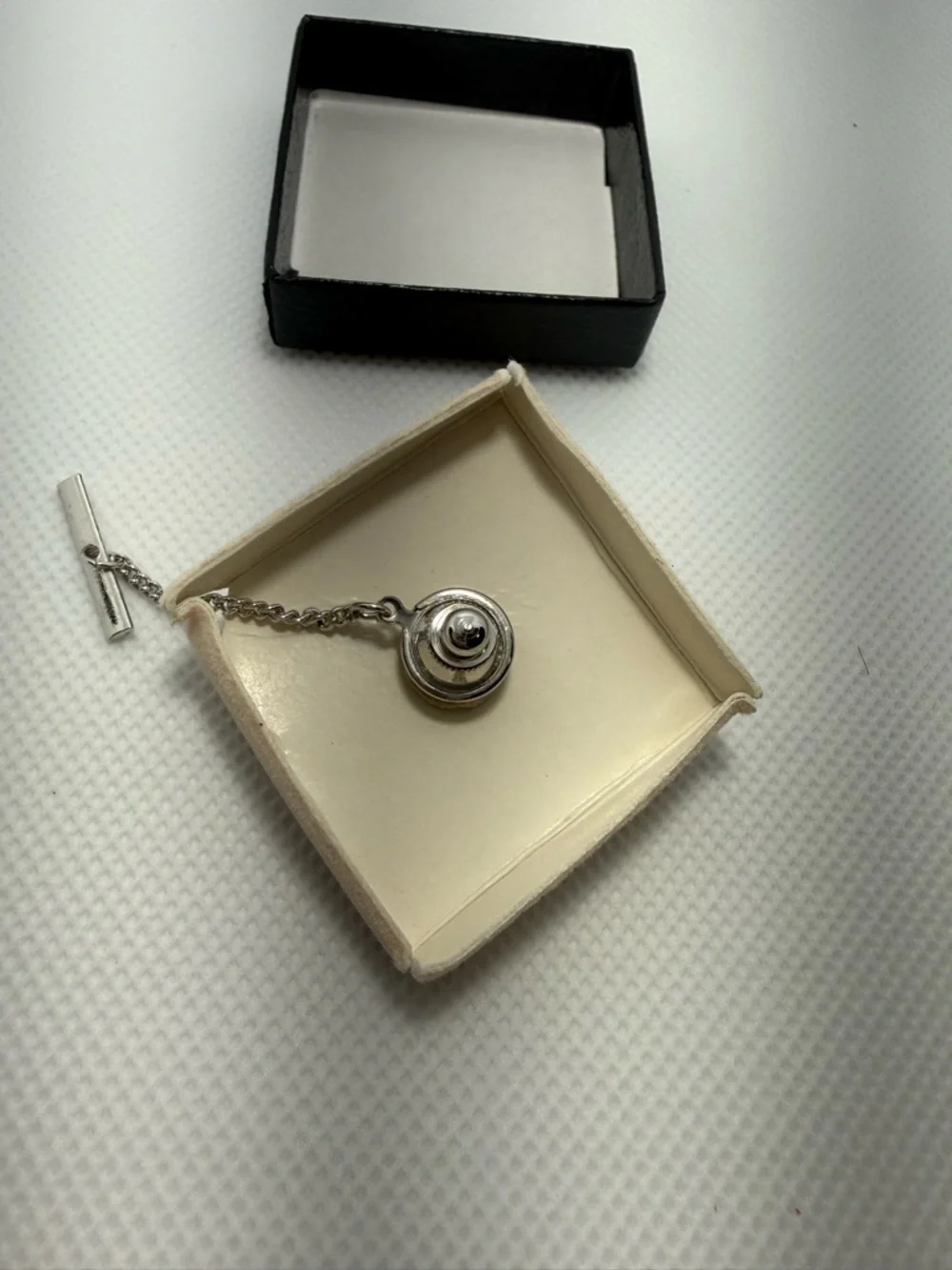 Vintage Alaska Black Diamond Hematite Tie Tack Tie Clip Bar Set w Box